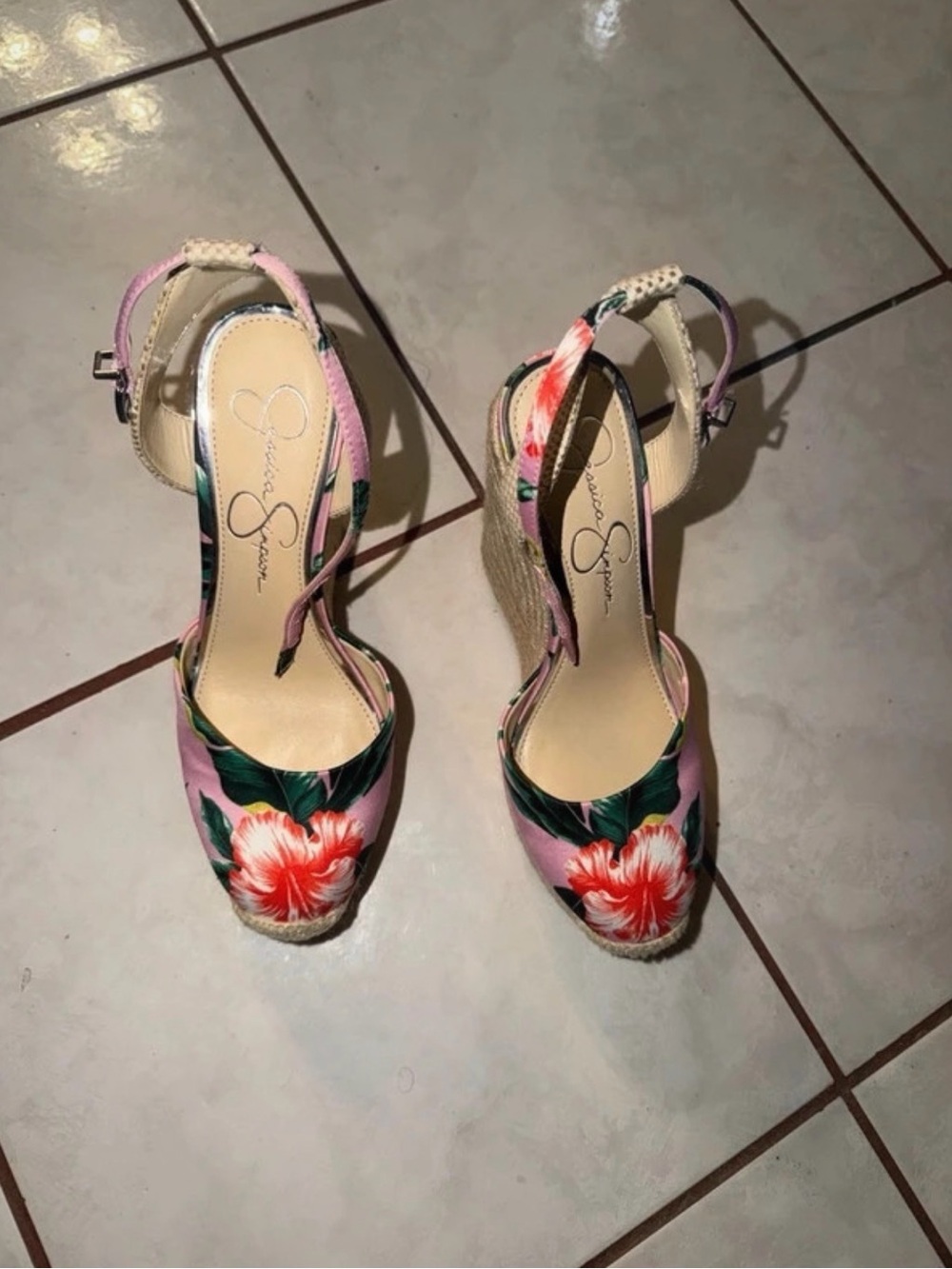 Jessica Simpson Pink Floral Wedge Sandals with Ankle Strap